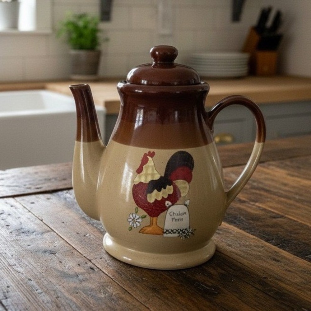Tricolor Brown Large Teapot, Vintage Rooster "Chicken Feed" Design Tea Pot